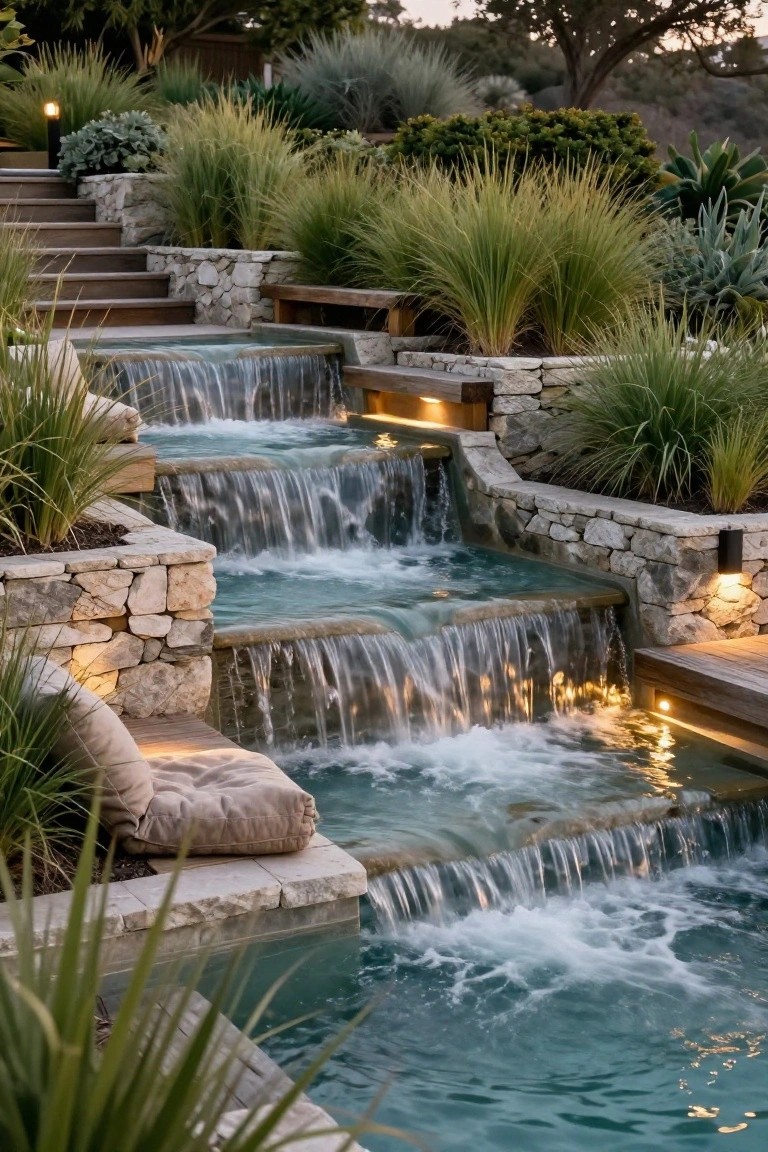 Multi-tiered natural stone waterfall cascading into a turquoise pool, surrounded by grasses, agaves, wooden steps, benches, and path lighting in a landscaped outdoor setting.
