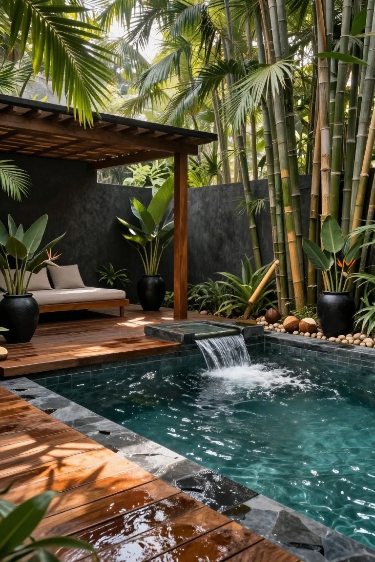 Small rectangular turquoise pool with waterfall on wooden deck surrounded by bamboo, palm trees, black planters, tropical foliage, beige daybed lounge, and stone accents against dark wall under pergola.