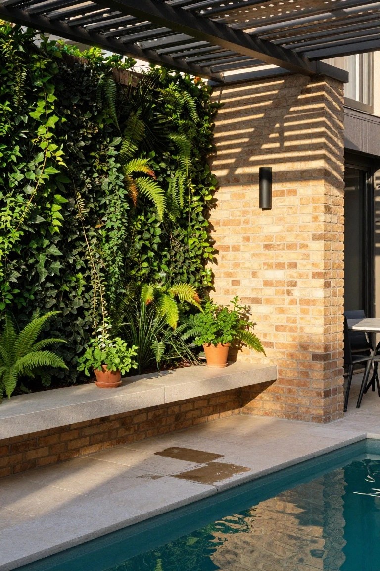 Poolside outdoor area with a tall vertical green wall of ivy and ferns against a brick wall, concrete bench seat, potted plants, slatted metal pergola overhead, and turquoise pool water.