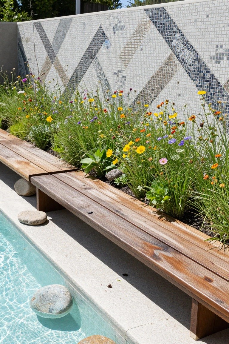 Wooden bench along a turquoise pool edge borders a linear planting bed with colorful wildflowers and grasses, backed by a geometric tiled wall and smooth stones in the water.