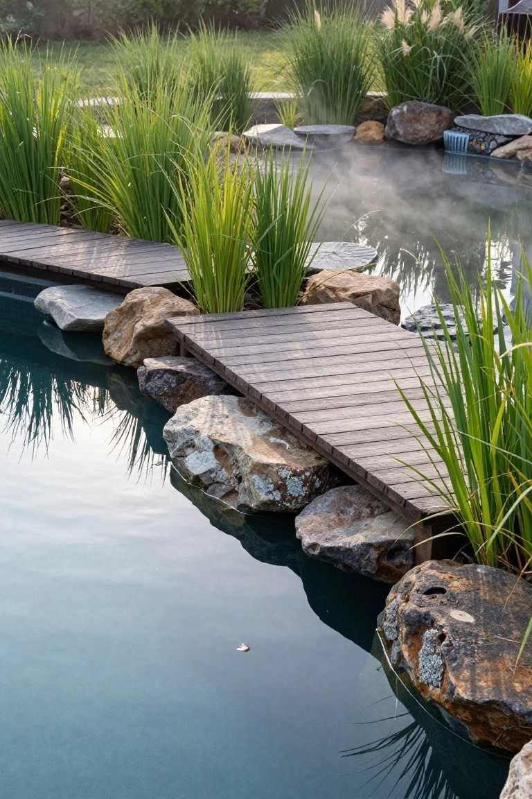 Wooden boardwalk pathway extending over large rocks and tall green reeds beside a steaming dark blue pool with surrounding lush vegetation.