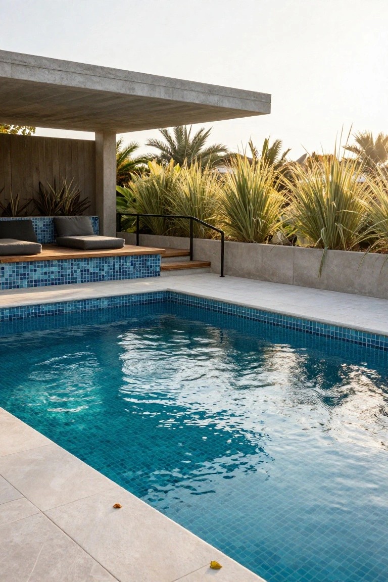 Outdoor pool lined with small blue mosaic tiles, surrounded by white porcelain decking, concrete walls and planters with tropical grasses and palms, plus two gray lounge cushions on a raised wooden platform.