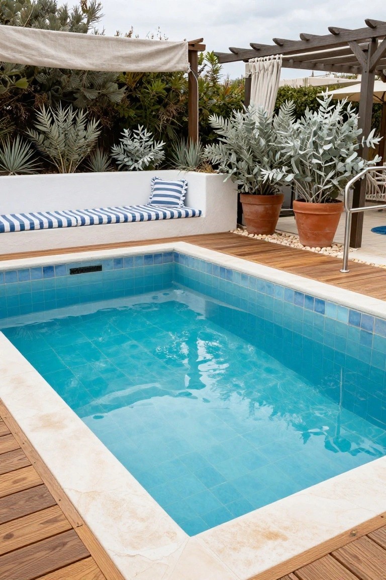 A small rectangular plunge pool lined with blue mosaic tiles, edged in white stone and surrounded by wooden decking, potted plants, and a white bench with blue cushions.