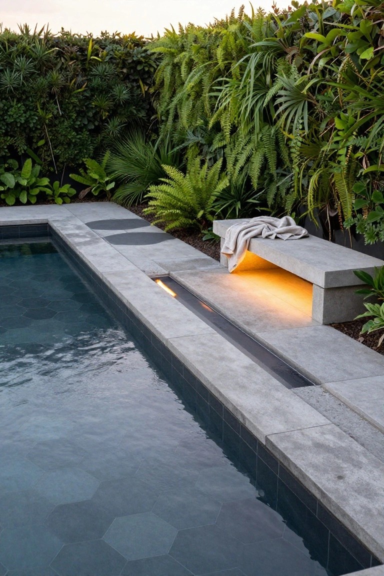 Rectangular pool with dark blue hexagonal tiles, concrete deck edge featuring a built-in bench with integrated fire trough and folded towel, surrounded by lush tropical plants and hedging.