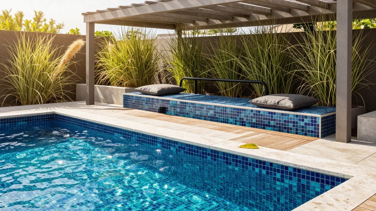 Outdoor pool lined with small blue mosaic tiles, surrounded by white porcelain decking, concrete walls and planters with tropical grasses and palms, plus two gray lounge cushions on a raised wooden platform.