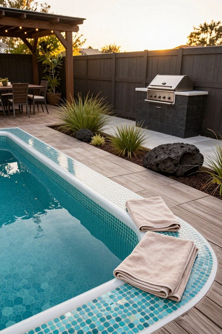 A pool edge featuring small iridescent teal glass mosaic tiles with white coping, two beige towels draped over the side, adjacent wooden decking, nearby plants and black lava rock, with a barbecue grill and pergola in the background at sunset.
