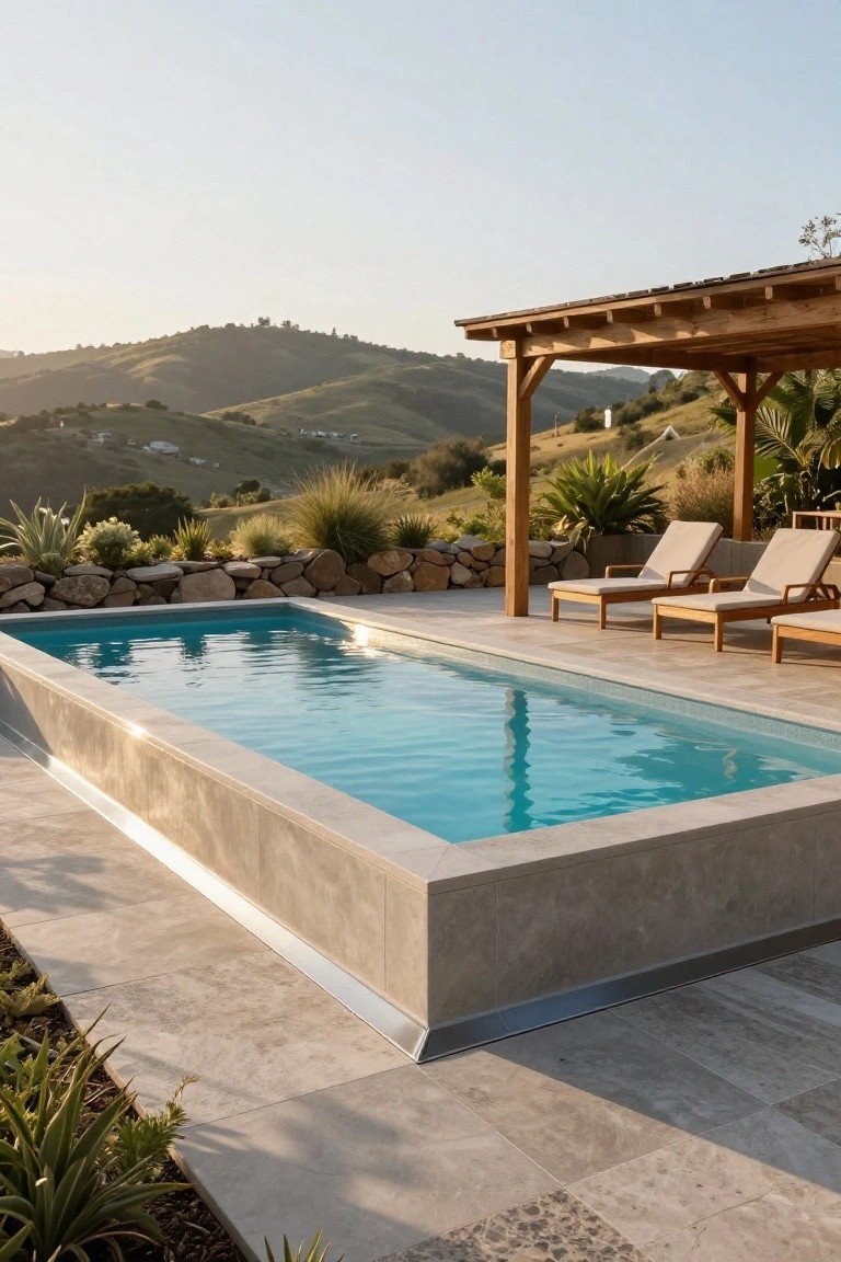 Modern rectangular pool with light blue water, grey concrete-style tiled deck and surround, wooden pergola with beige loungers, rock wall edging, agave plants, and rolling green hills in the background at sunset.