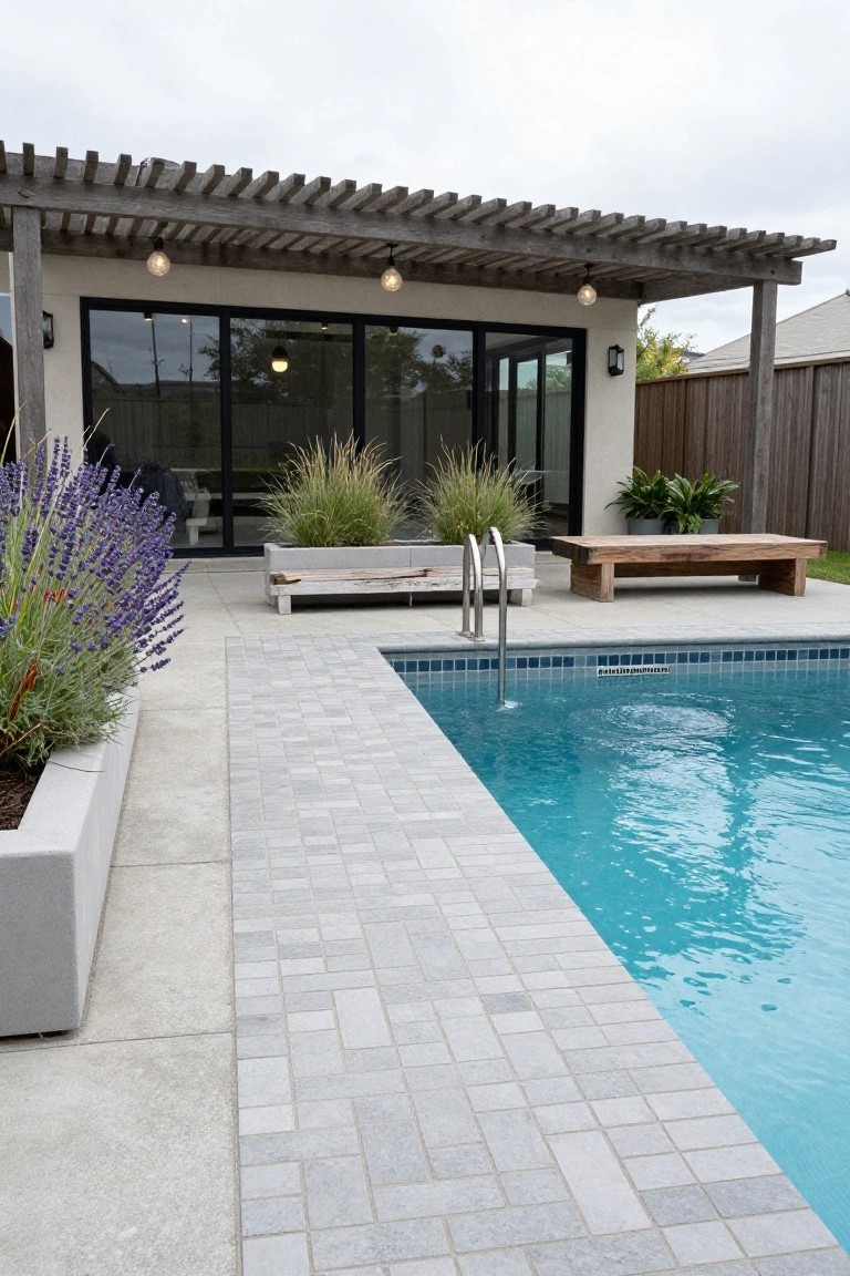 Backyard pool area featuring light gray rectangular tiles on the deck and coping, a turquoise pool with stainless steel ladder, wooden pergola with hanging lights, benches, and potted lavender and grasses.