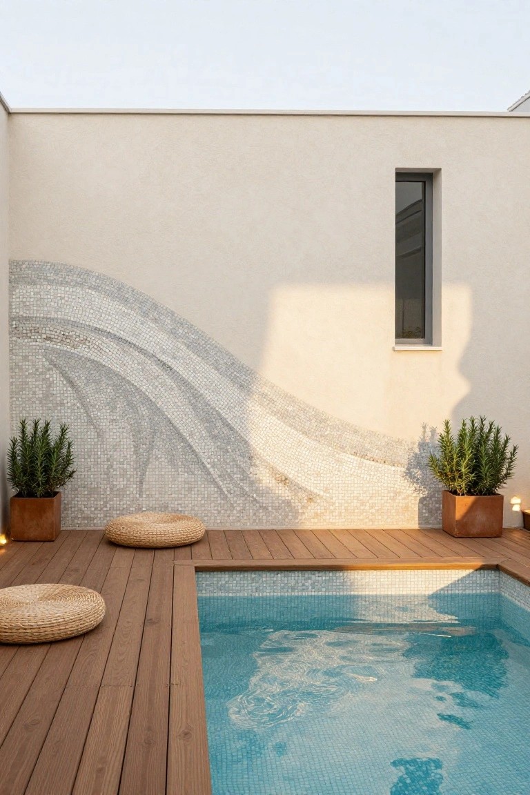 Small turquoise mosaic-tiled pool edged with wooden decking, two round woven floor cushions nearby, potted rosemary plants, and a large curving white mosaic tile wall on a light beige exterior wall under soft lighting.