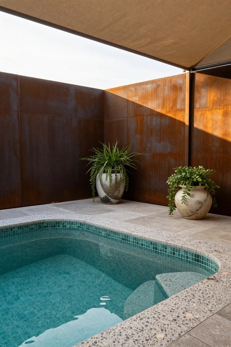 Small rectangular plunge pool with turquoise mosaic tiles and curved pebble aggregate edges, set against rusted steel walls with potted plants and a beige shade sail overhead.