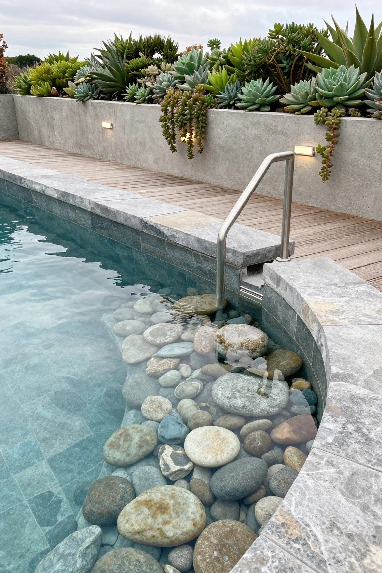 Curved infinity-style pool with gray slate tiles, wooden deck path, stainless steel ladder, smooth pebbles under shallow turquoise water at the entry, concrete wall planters filled with succulents.