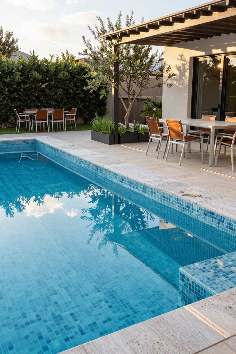 Outdoor infinity-edge pool with blue mosaic tiles and light stone decking surround, adjacent to a dining table with orange leather chairs, hedges, olive trees, and a modern house with sliding glass doors.