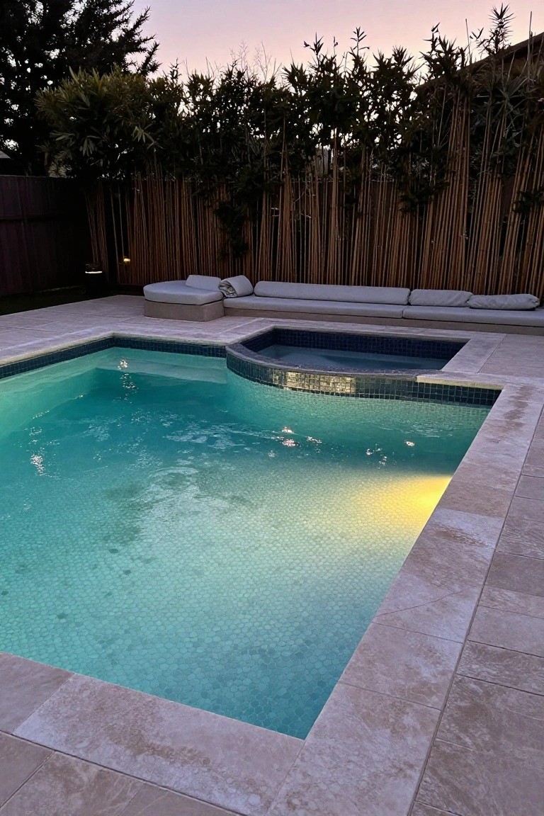 L-shaped backyard pool with turquoise mosaic tile interior, adjacent dark spa, beige travertine deck surround, white lounge seating, and bamboo fencing at sunset.