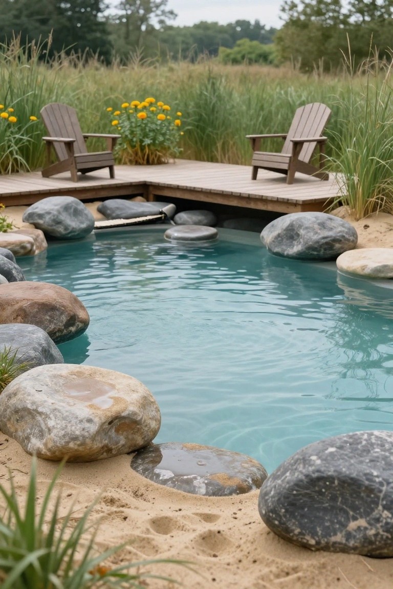Turquoise natural pool bordered by large boulders and sand with a wooden deck platform nearby holding two Adirondack chairs surrounded by tall grasses and plants.