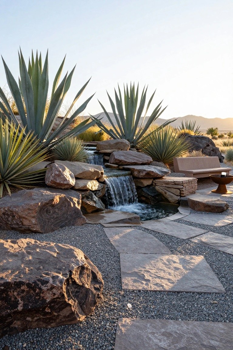 Small natural pool with cascading rock waterfall, surrounded by large boulders, agave plants, stone bench, fire pit, and gravel paths in desert landscape at sunset.