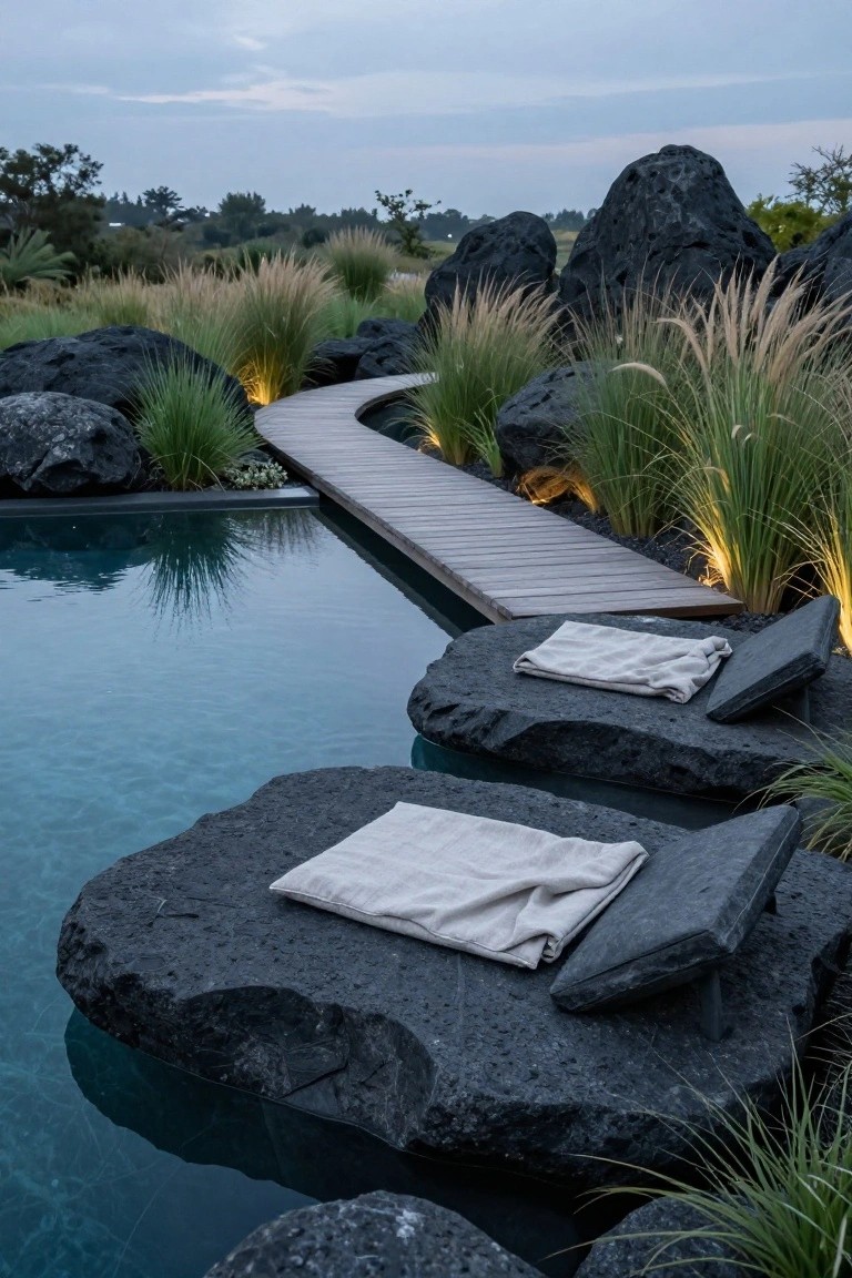 Evening view of a rectangular pool with large black boulders forming lounging platforms at one edge topped with white cushions and towels, a wooden boardwalk bridge crossing over the water, surrounded by tall grasses and backlit rocks.