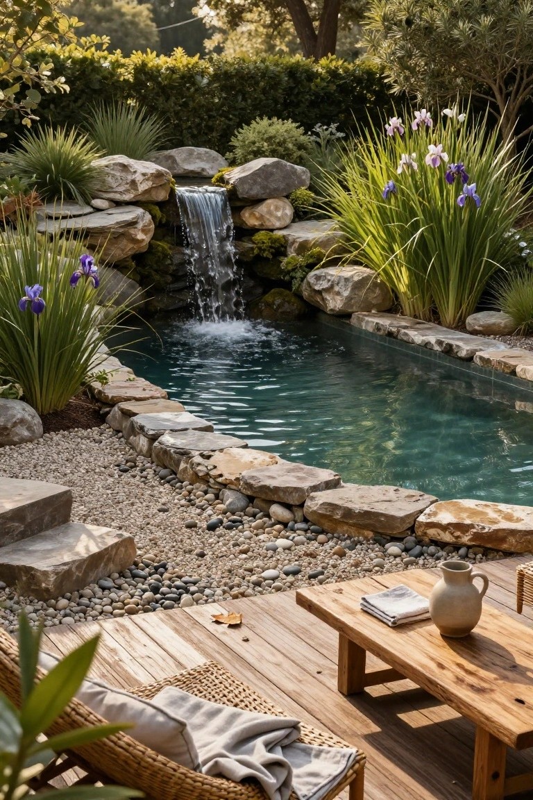 Small turquoise pool with stacked rock waterfall and surrounding boulders, iris plants, gravel edging, and adjacent wooden deck with rattan lounge chairs, low table, white vase, and linen towels.