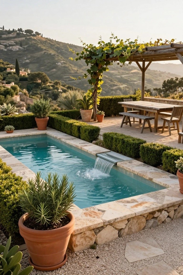Small rectangular turquoise plunge pool with a metal-edged waterfall, surrounded by low stone walls, boxwood hedges, potted plants, and a wooden dining table with benches under a vine-covered pergola on a terraced hillside.