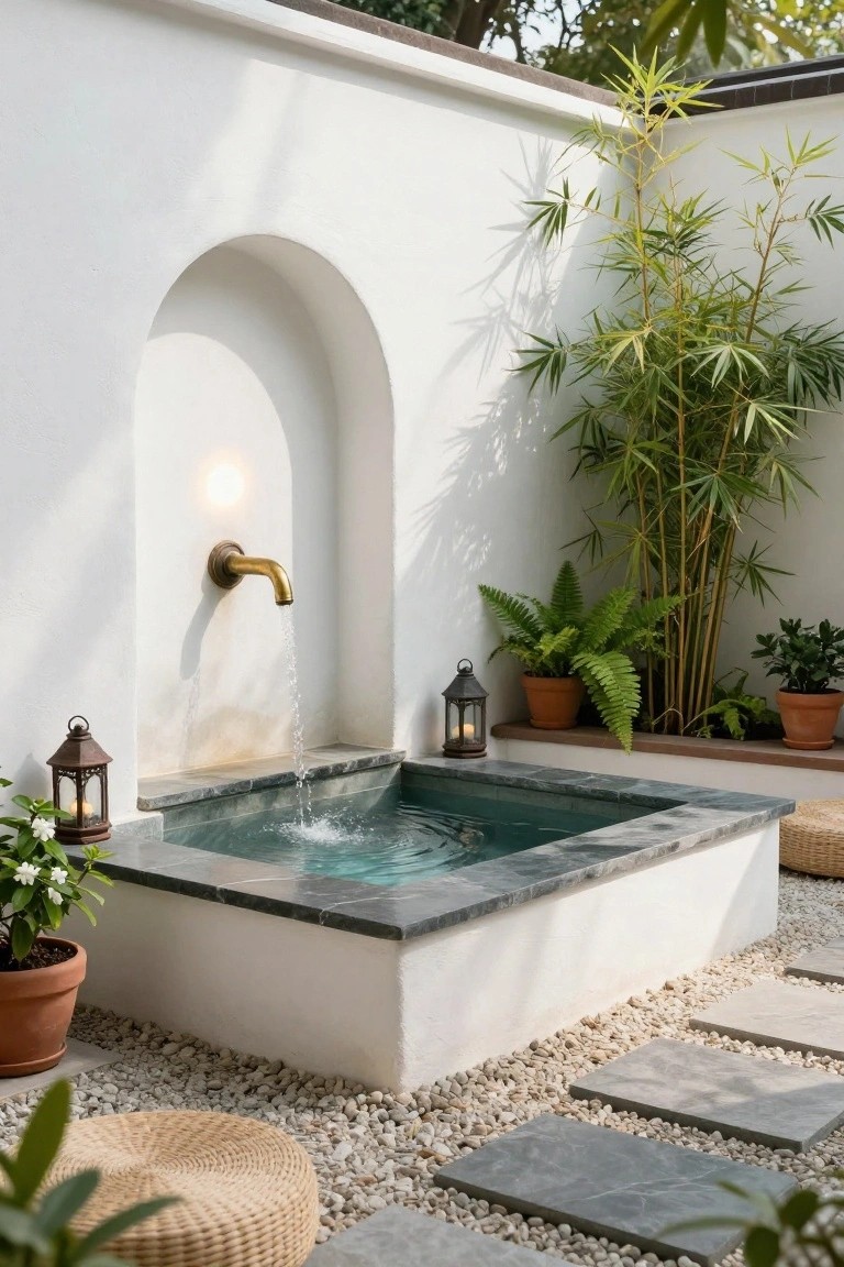 Small rectangular pool with dark stone edges and turquoise water cascading from a brass wall-mounted faucet in a white arched niche, surrounded by bamboo plants, potted ferns, lanterns, cushions, and pebble ground with stone pavers.
