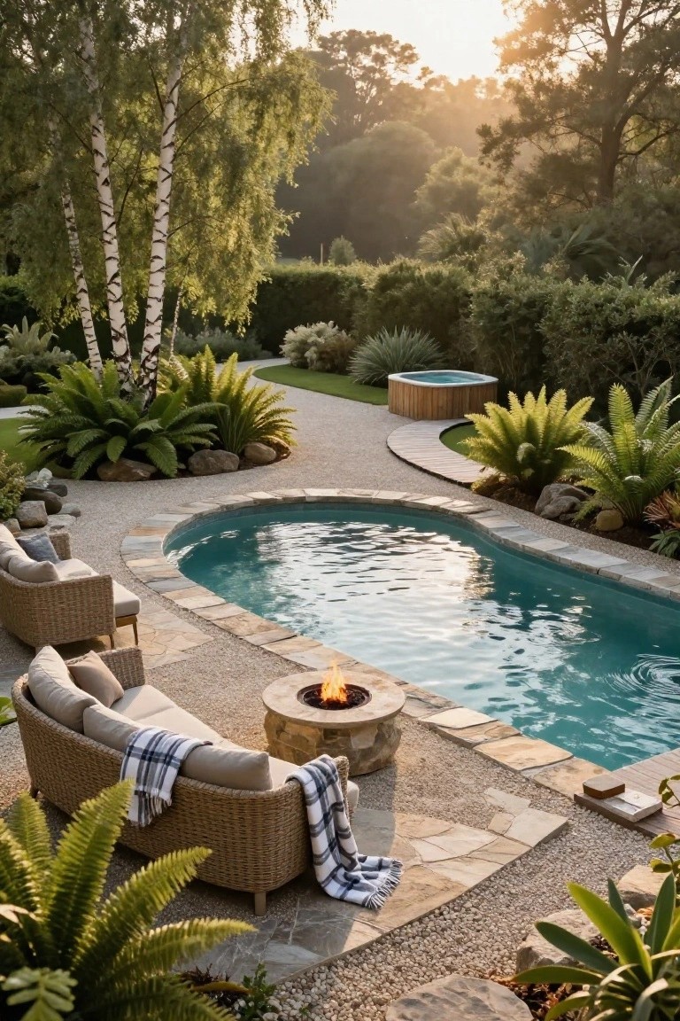 Curved turquoise pool with natural stone coping and pebble surround, adjacent rattan lounge seating and stone fire pit, wooden hot tub nearby, tropical plants and trees in garden at sunset.