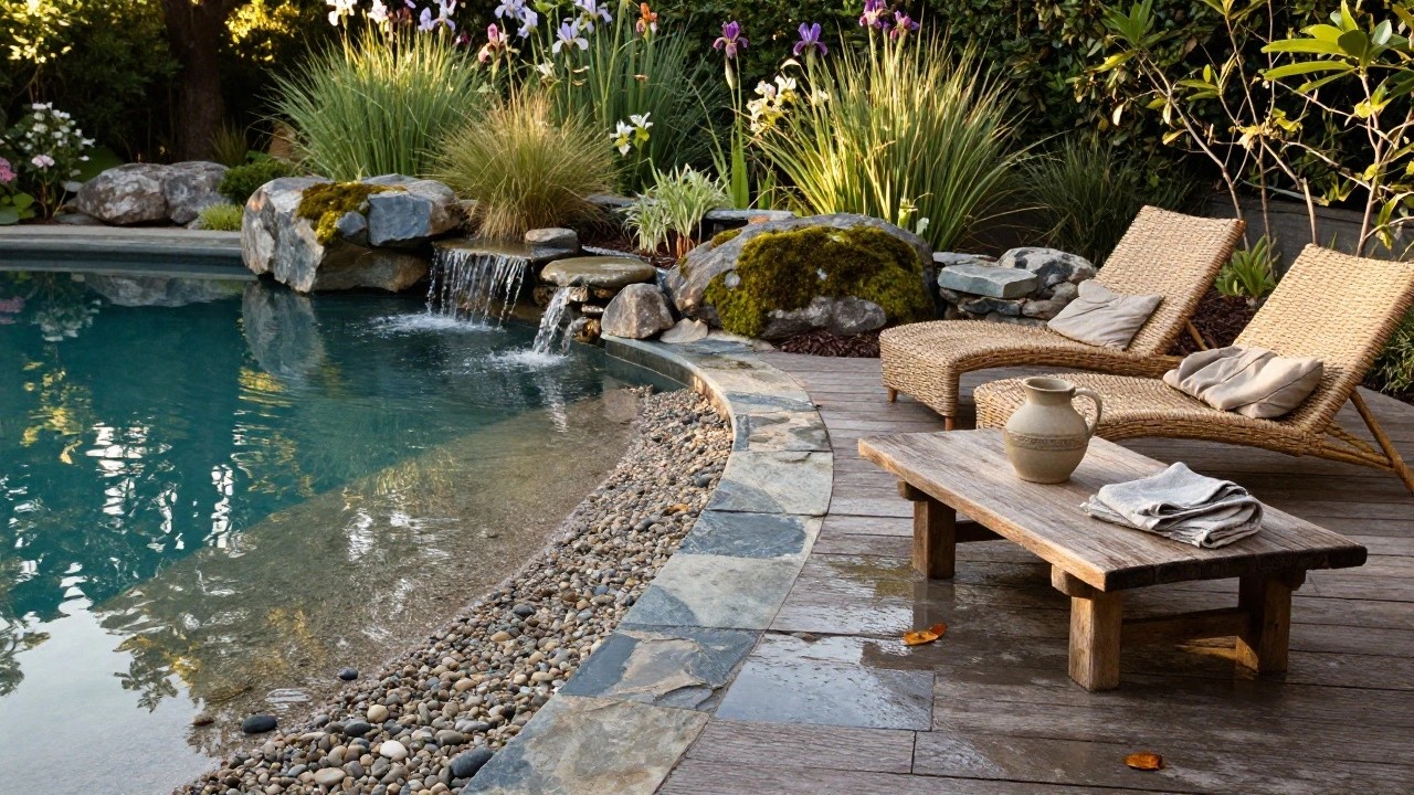 Small turquoise pool with stacked rock waterfall and surrounding boulders, iris plants, gravel edging, and adjacent wooden deck with rattan lounge chairs, low table, white vase, and linen towels.