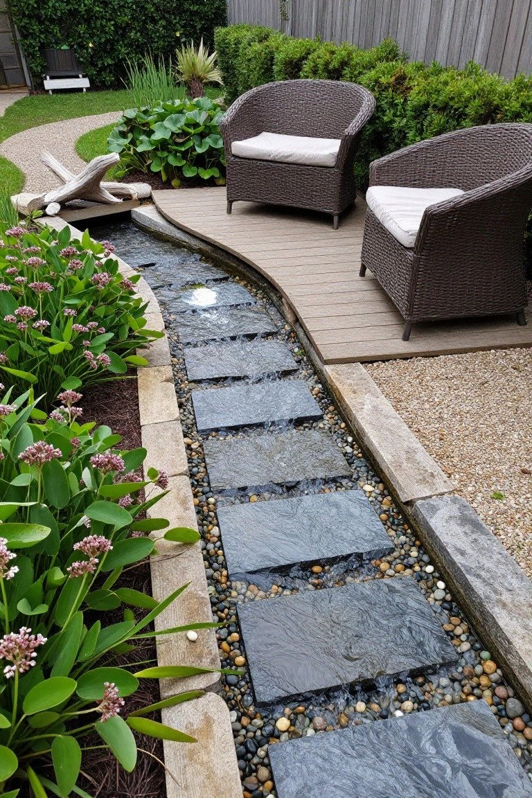 Curving pathway of dark flat stones with shallow water flowing between them, bordered by green leafy plants with pink flowers and pebbles, next to a wooden deck holding two wicker chairs in a garden.