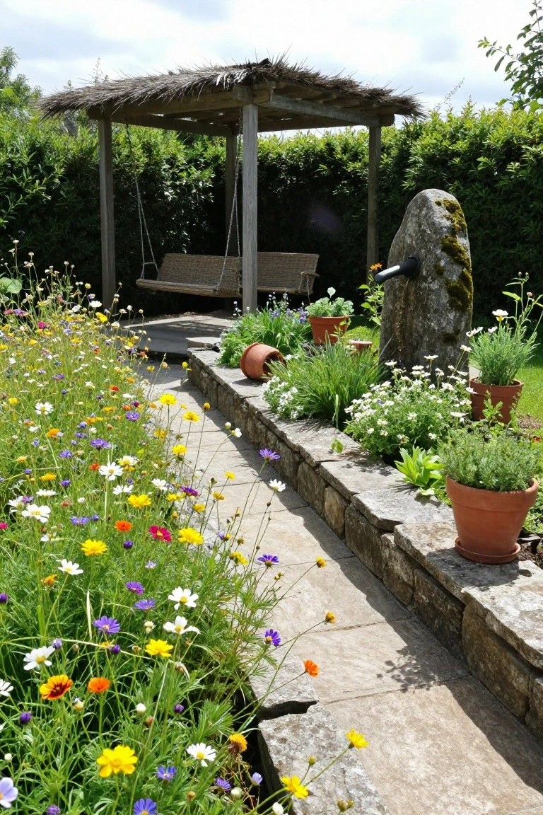 A narrow stone pathway lined with colorful wildflowers runs alongside a low stone wall holding potted plants and herbs, passing a moss-covered stone fountain toward a wooden swing bench under a thatched pergola enclosed by hedges.