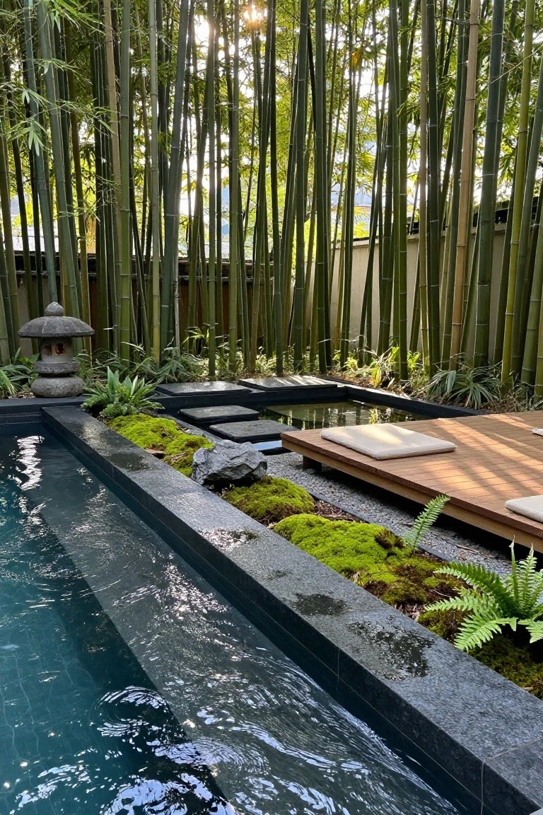 Dark-tiled pool with black stone edging overgrown with moss, ferns, and rocks, next to a small water feature, wooden platform with beige cushions, and bamboo grove backdrop.
