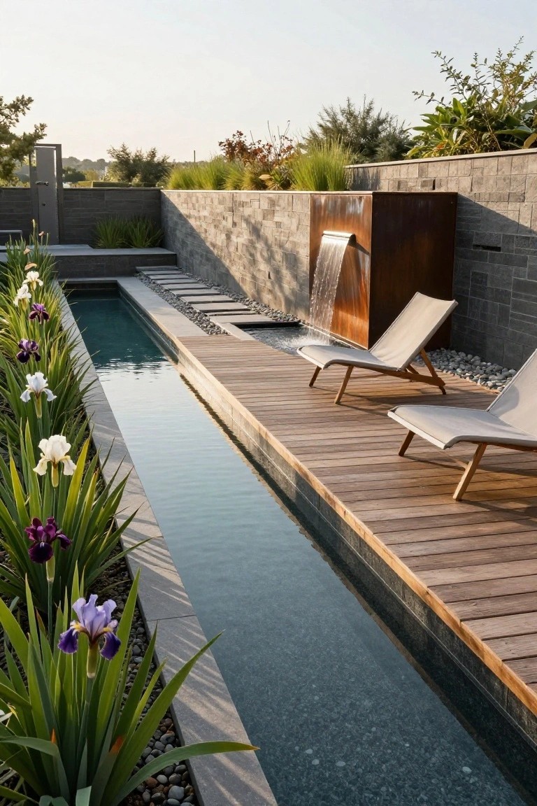 A narrow rectangular pool with clear blue-green water, edged by tall iris plants with purple and white flowers on one side and light wooden decking with two beige lounge chairs on the other, next to a rusted metal waterfall against a dark stone wall.