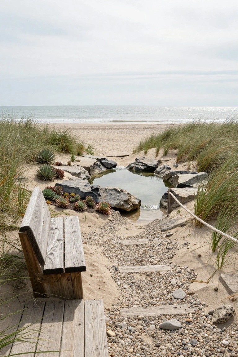 Sandy path with wooden bench leading through beach grass and succulents past a small rectangular rock-lined pool toward the ocean beach under overcast skies.