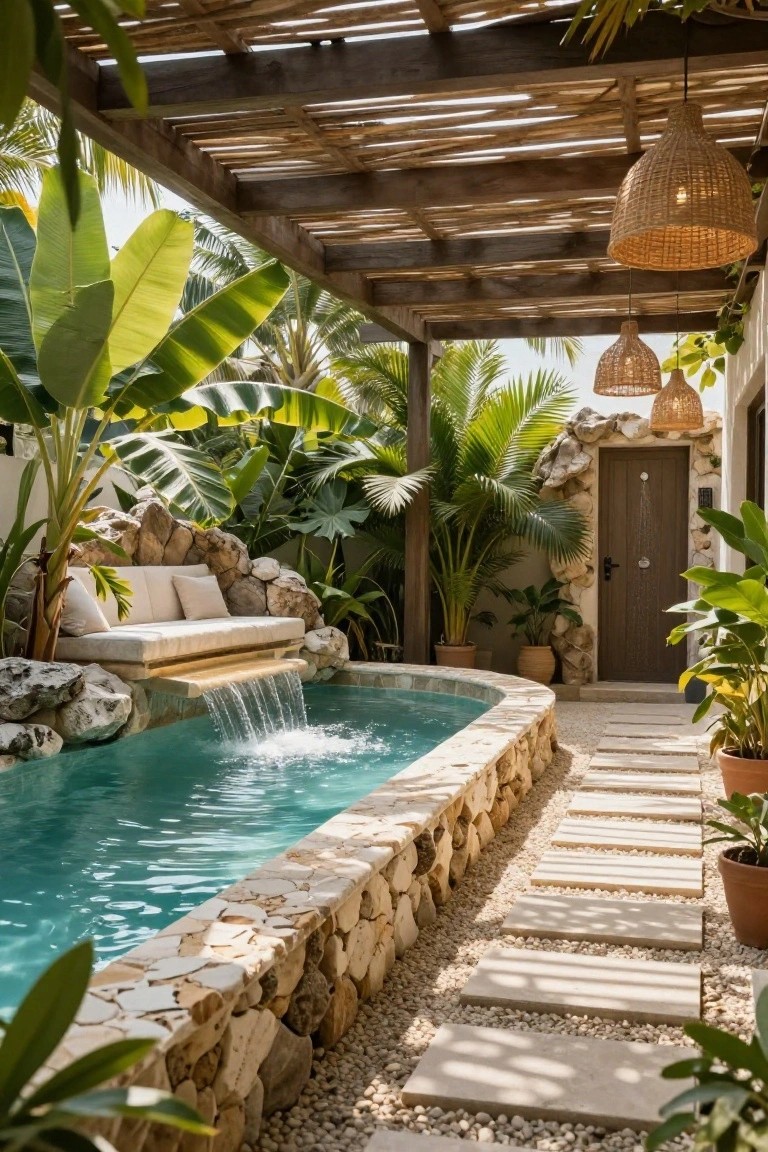 Small curved turquoise pool with natural stone walls and waterfall from adjacent rock platform with beige cushions, surrounded by tropical plants and palms under a thatched pergola, with stone path leading to wooden door.