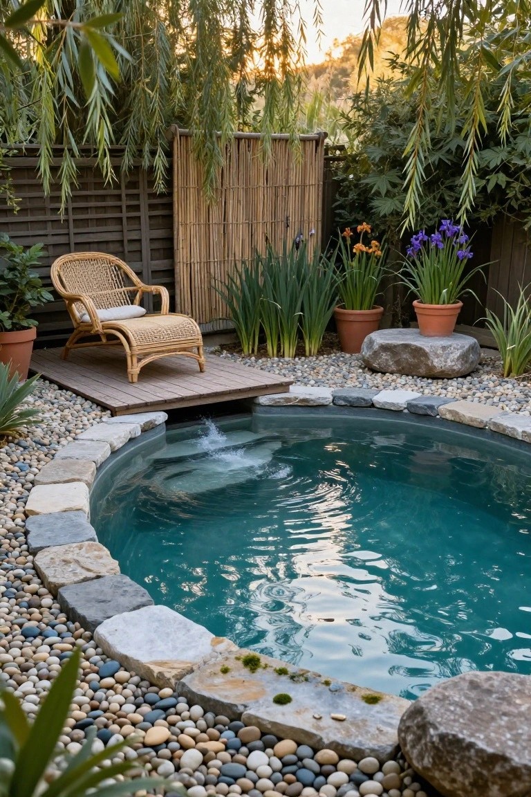 Small turquoise pool with curved edges of stacked natural stones and surrounding multicolored pebbles, a water inlet, lush plants, rocks, and a rattan chair on a wooden deck in a garden setting.