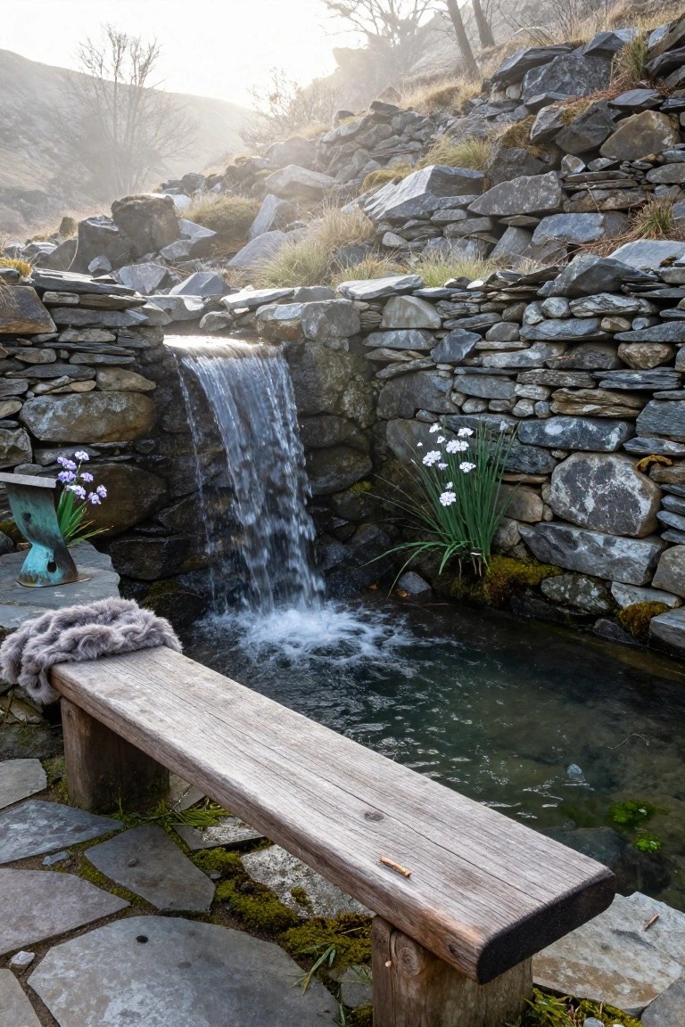 Small rectangular pool with clear water and a waterfall cascading from stacked stone walls into it, wooden bench with fur throw blanket nearby, purple iris flowers in turquoise pot and green plants around, set in rocky hillside landscape with trees and mist.