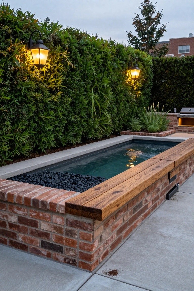 Narrow rectangular plunge pool with black pebbles at one end, wooden bench along the edge, brick walls, surrounding greenery, lanterns, and a nearby barbecue in an outdoor patio.