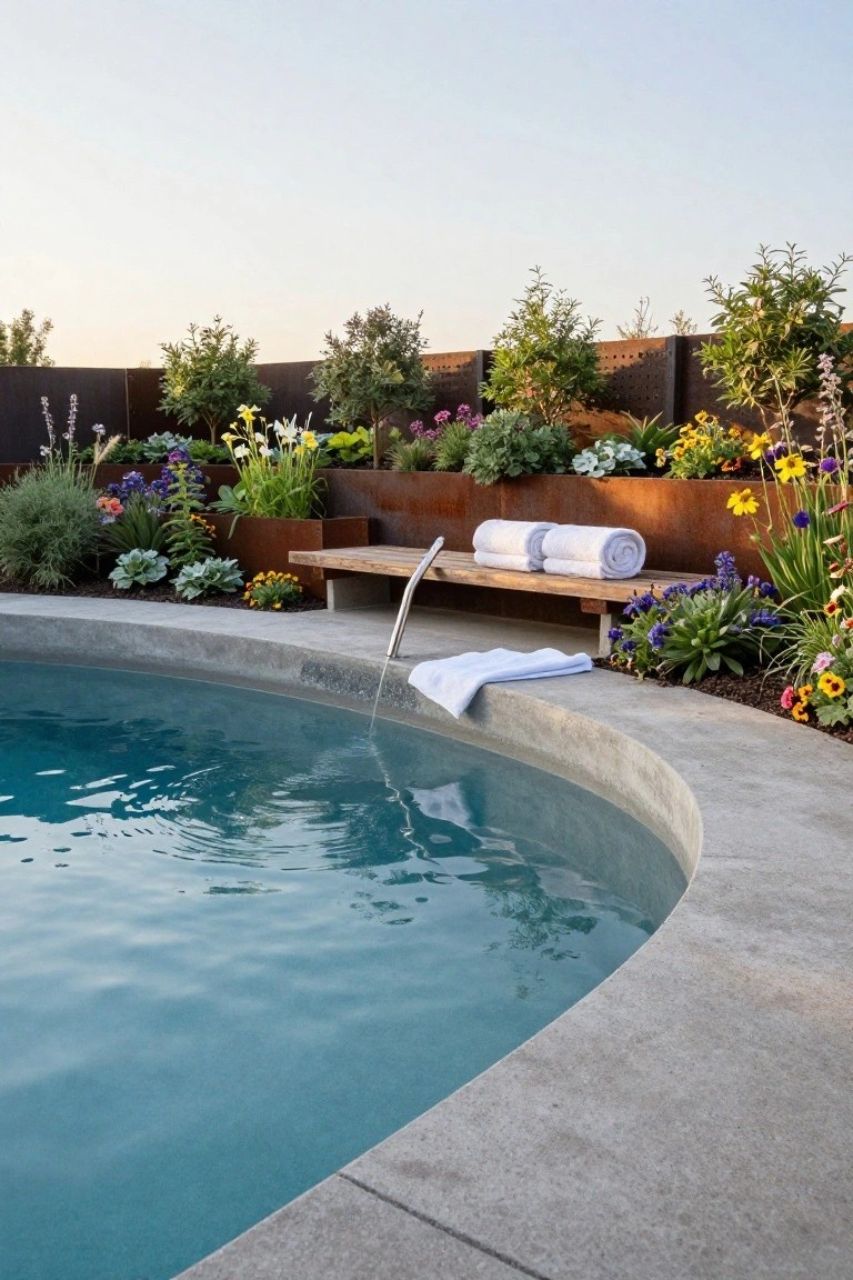 Curved-edge concrete pool with clear blue water, adjacent wooden bench holding rolled white towels and a metal shower head, surrounded by raised corten steel planters filled with various colorful flowers, succulents, and shrubs against a backyard fence.