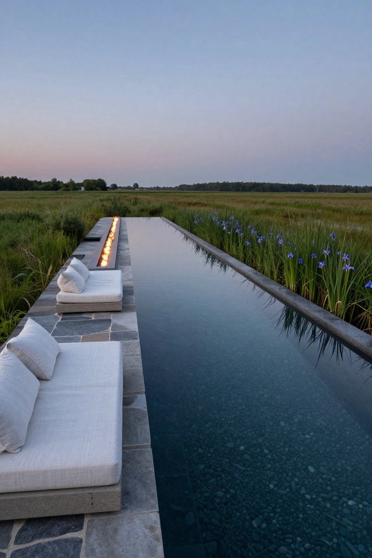 Narrow infinity pool with linear gas fire feature along one edge, white cushioned outdoor sofas on stone decking, blue iris plants, and marsh landscape at dusk.