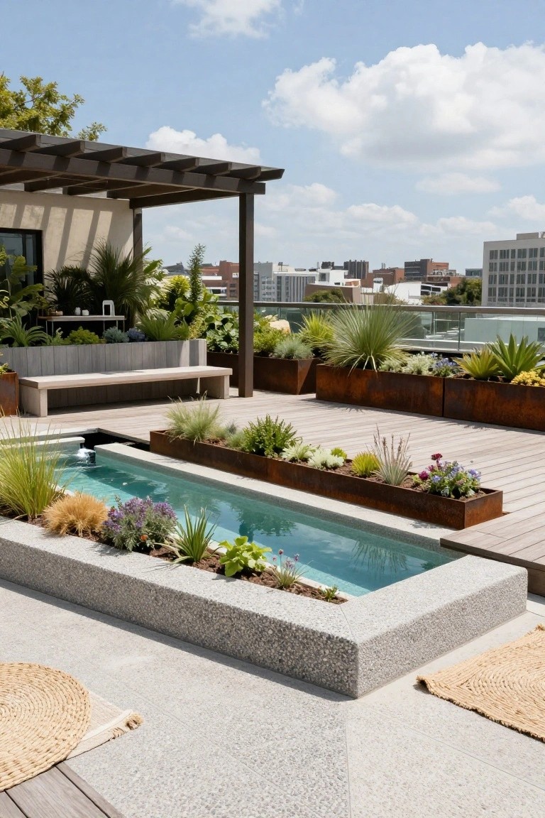 Rooftop terrace deck with a narrow rectangular pool filled with turquoise water, surrounded by corten steel planters containing grasses, agaves, and other succulents, wooden bench, pergola, and city buildings in the background.