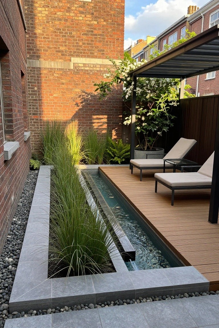 Narrow linear reflecting pool edged in concrete and flanked by tall ornamental grasses and gravel beds, next to a wooden deck holding two cushioned lounge chairs, in a brick-walled backyard with potted plants, ferns, and a metal pergola.