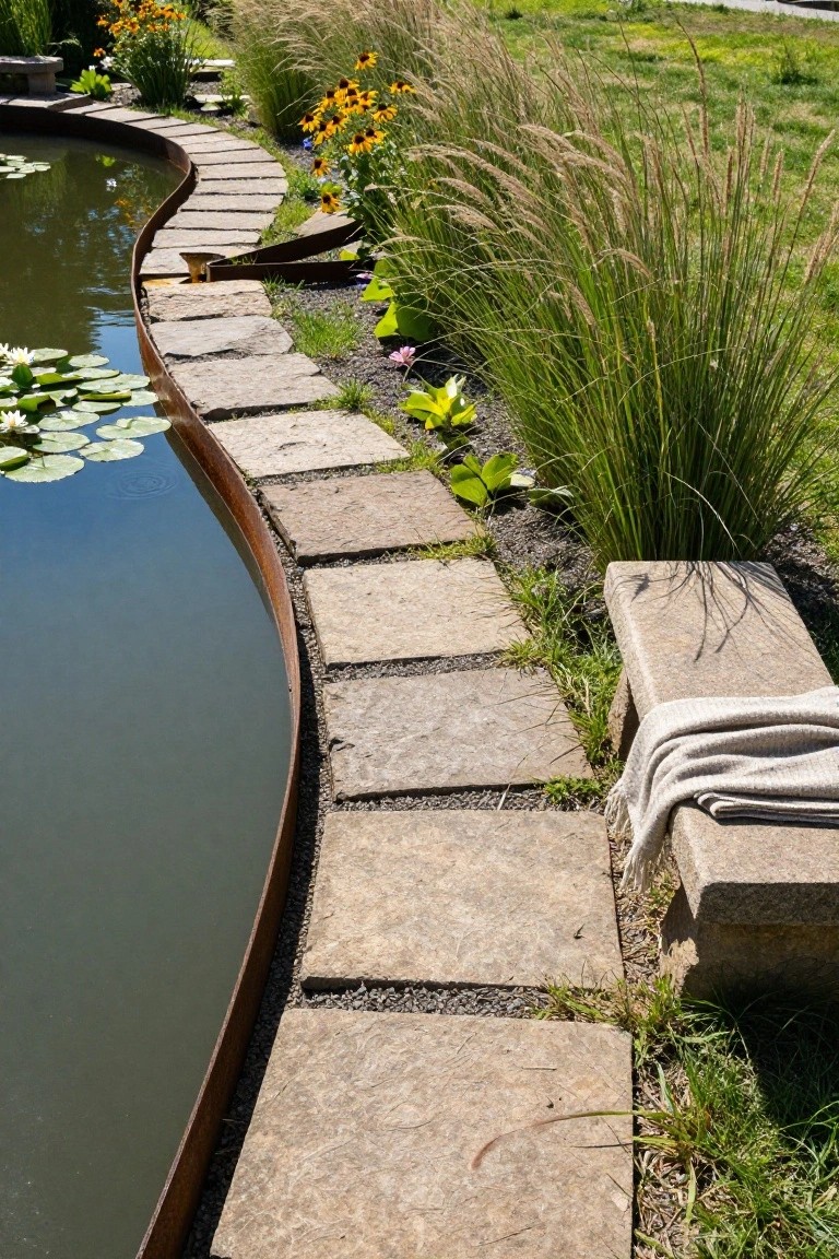 Curved irregular stone pathway with rusted metal edging along the border of a green natural pond with water lilies, surrounded by tall ornamental grasses, flowers, and a stone bench draped with a blanket.