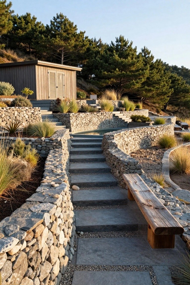 Hillside terraced with dry-stacked stone walls forming levels, concrete steps curving up past grasses and plants to a small rectangular pool, wooden bench on steps, wooden shed structure at top, pine trees on slope in late afternoon light.