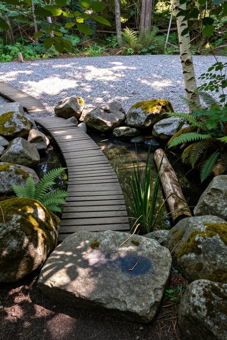 Curved wooden footbridge spans a narrow stream edged with large moss-covered boulders, ferns, reeds, and gravel in a forested garden setting.