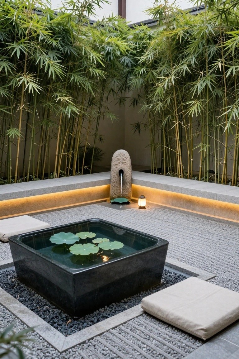 Square black stone basin pond with green lotus leaves and pads in a gravel courtyard surrounded by bamboo plants, a stone water-spouting sculpture, beige seating cushions, and a lantern.