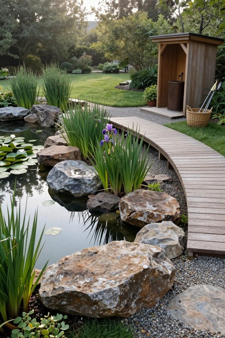 Curved wooden boardwalk path winds around a natural pond edged with large rocks, water lilies, iris flowers, reeds, and gravel, with a wooden outdoor shower structure nearby in a garden.