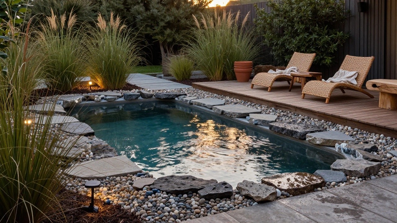 Small rectangular pool with turquoise pebble bottom and limestone coping, next to wooden deck with rattan chairs and towel, log bench, potted plants, ornamental grasses, and path lighting in a backyard garden at dusk.