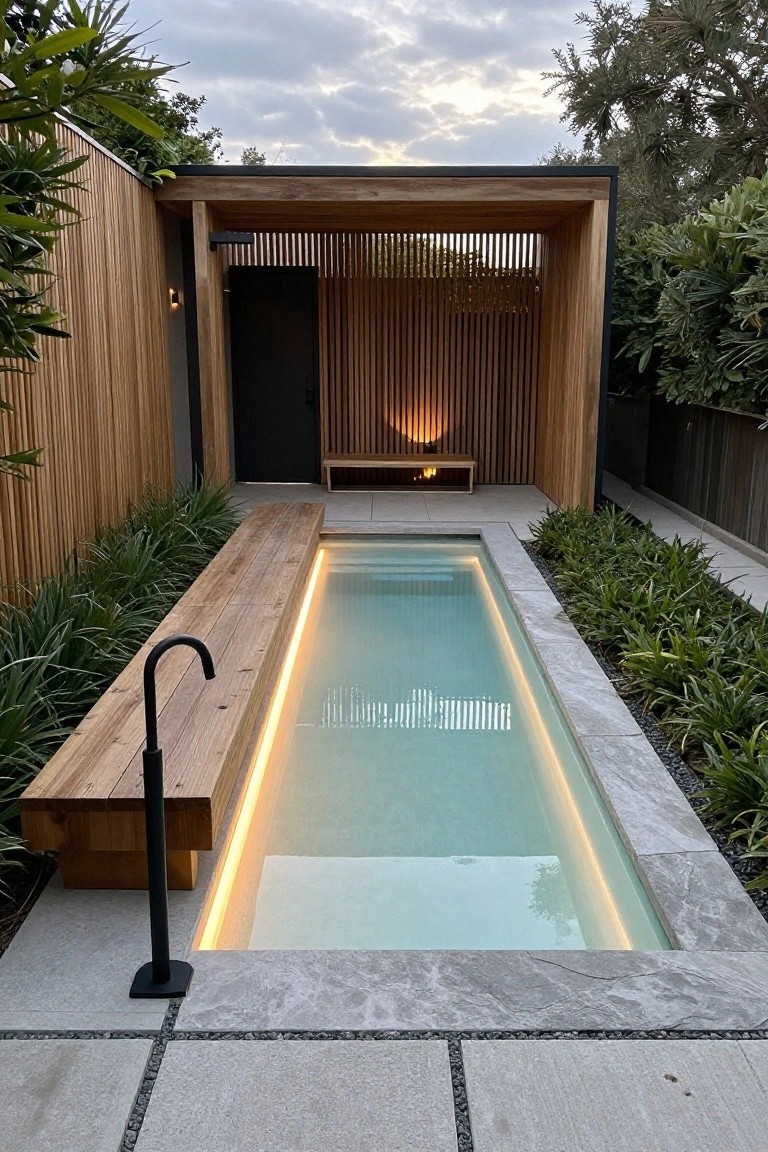 A narrow rectangular pool with underwater LED lighting, wooden benches along one long edge, stone surround, plants, and a wooden pavilion structure in a backyard at dusk.