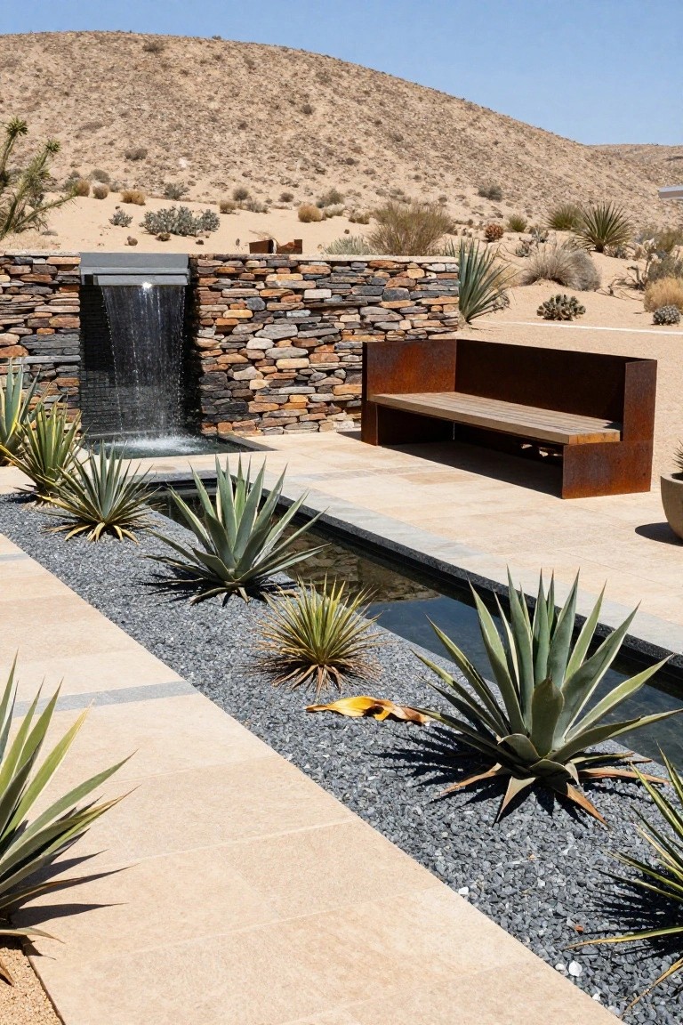 Desert landscape with a narrow rectangular water channel lined by agave plants in gravel beds, flanked by stone pavers, a corten steel bench, and a stone wall waterfall against distant rocky hills.
