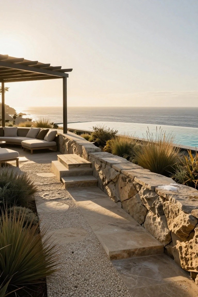 Outdoor terrace with curved beige outdoor sofa under wooden pergola, stone steps and retaining wall edged with grasses leading to infinity-edge pool overlooking ocean at sunset.
