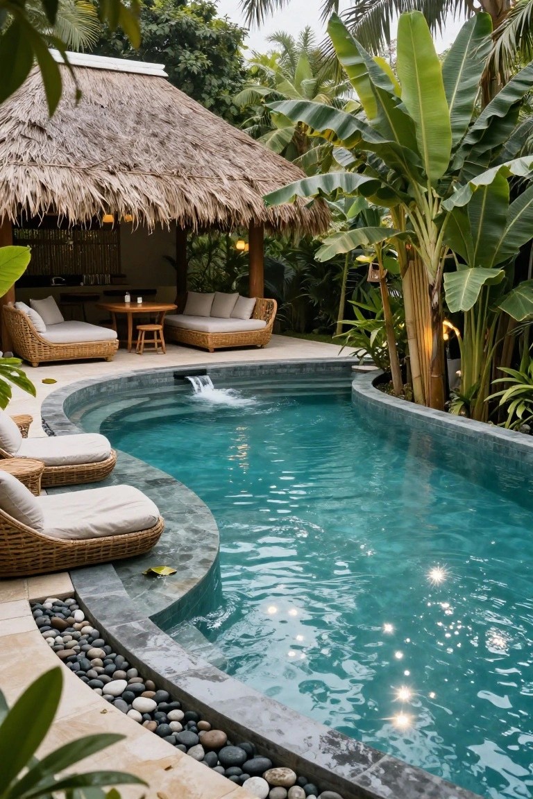 Curved turquoise pool with gray stone tiling, pebble borders, integrated lounge chairs, adjacent thatched pavilion with seating, and surrounding tropical plants and palms.