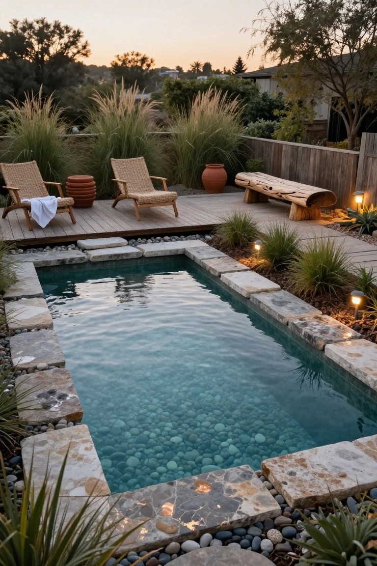 Small rectangular pool with turquoise pebble bottom and limestone coping, next to wooden deck with rattan chairs and towel, log bench, potted plants, ornamental grasses, and path lighting in a backyard garden at dusk.