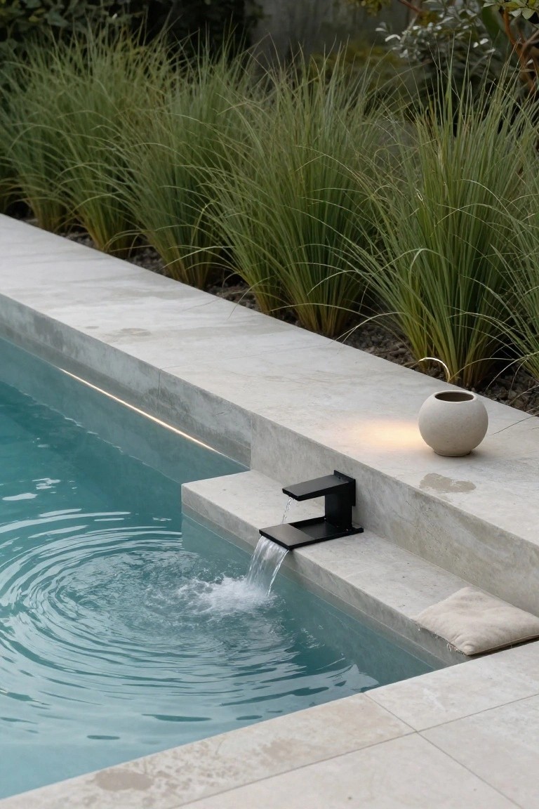 Close view of a rectangular black metal waterfall spout on beige stone pool coping, with water flowing into turquoise pool water below, surrounded by tall green grasses, a lit beige ceramic pot, and beige cushions on the ledge.